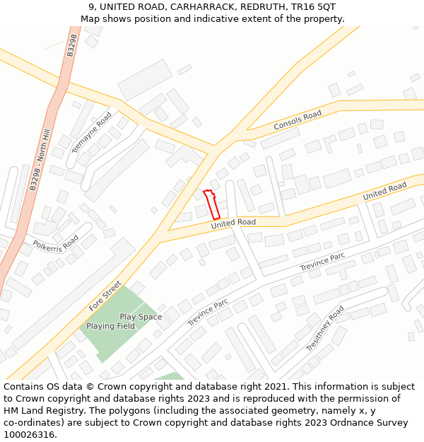 9, UNITED ROAD, CARHARRACK, REDRUTH, TR16 5QT: Location map and indicative extent of plot