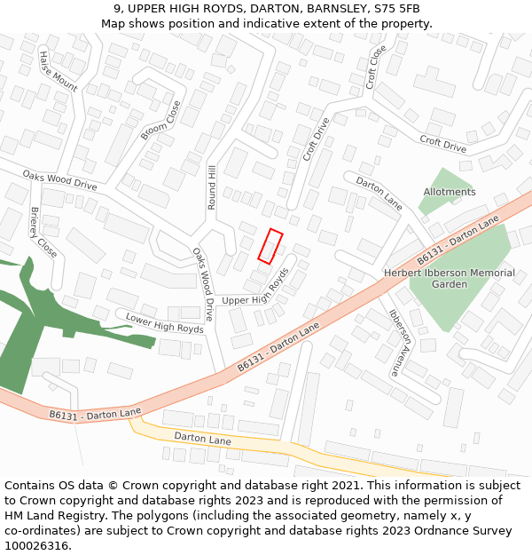 9, UPPER HIGH ROYDS, DARTON, BARNSLEY, S75 5FB: Location map and indicative extent of plot