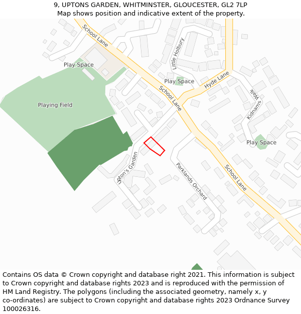9, UPTONS GARDEN, WHITMINSTER, GLOUCESTER, GL2 7LP: Location map and indicative extent of plot