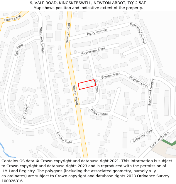 9, VALE ROAD, KINGSKERSWELL, NEWTON ABBOT, TQ12 5AE: Location map and indicative extent of plot