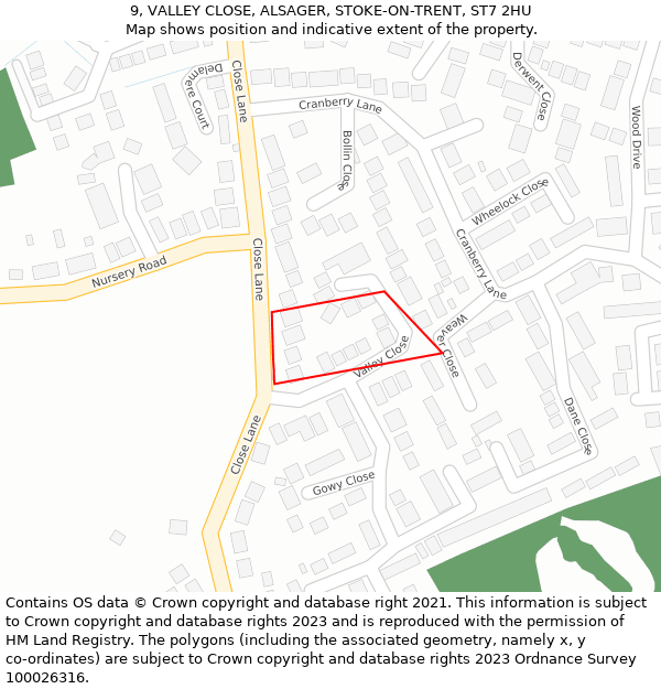9, VALLEY CLOSE, ALSAGER, STOKE-ON-TRENT, ST7 2HU: Location map and indicative extent of plot
