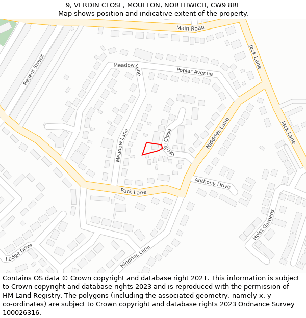 9, VERDIN CLOSE, MOULTON, NORTHWICH, CW9 8RL: Location map and indicative extent of plot