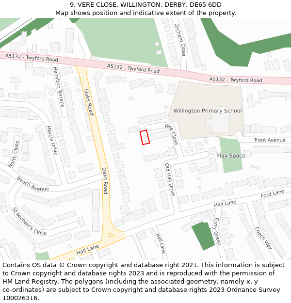 9, VERE CLOSE, WILLINGTON, DERBY, DE65 6DD: Location map and indicative extent of plot