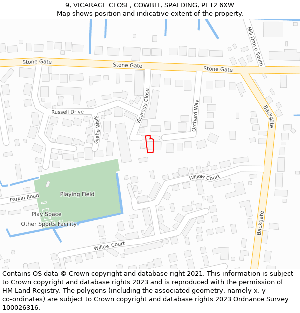 9, VICARAGE CLOSE, COWBIT, SPALDING, PE12 6XW: Location map and indicative extent of plot