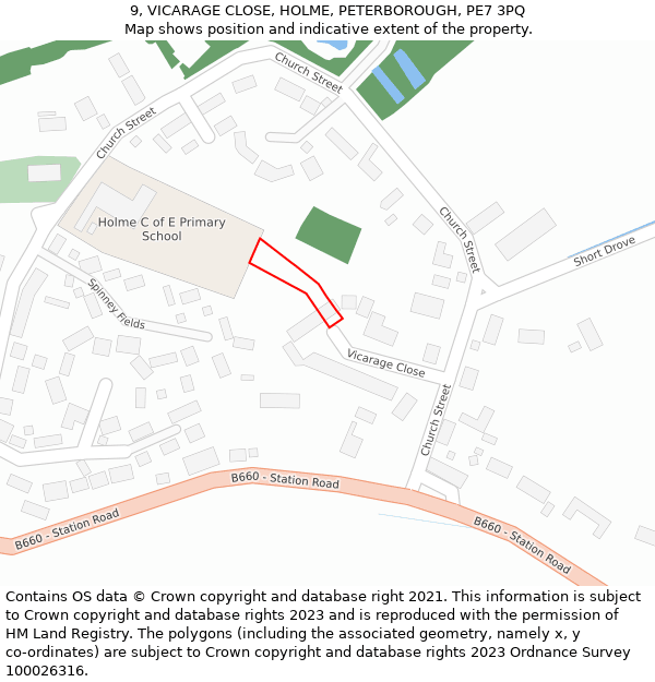 9, VICARAGE CLOSE, HOLME, PETERBOROUGH, PE7 3PQ: Location map and indicative extent of plot