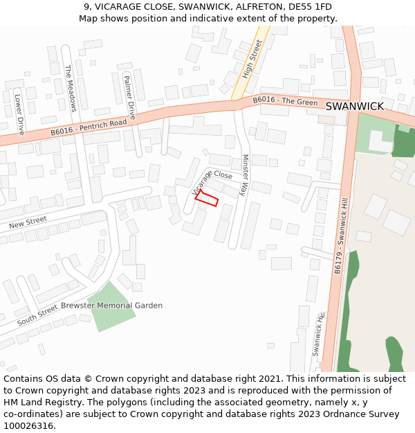 9, VICARAGE CLOSE, SWANWICK, ALFRETON, DE55 1FD: Location map and indicative extent of plot