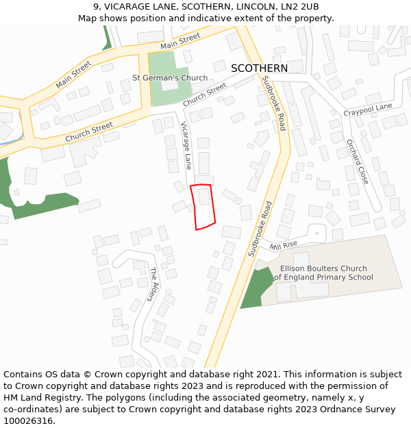 9, VICARAGE LANE, SCOTHERN, LINCOLN, LN2 2UB: Location map and indicative extent of plot