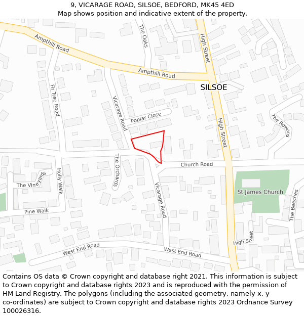 9, VICARAGE ROAD, SILSOE, BEDFORD, MK45 4ED: Location map and indicative extent of plot