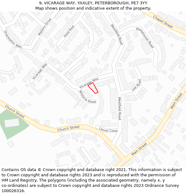 9, VICARAGE WAY, YAXLEY, PETERBOROUGH, PE7 3YY: Location map and indicative extent of plot