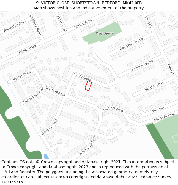 9, VICTOR CLOSE, SHORTSTOWN, BEDFORD, MK42 0FR: Location map and indicative extent of plot