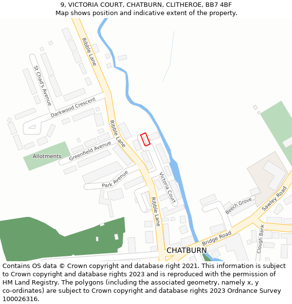 9, VICTORIA COURT, CHATBURN, CLITHEROE, BB7 4BF: Location map and indicative extent of plot