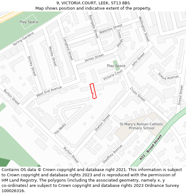 9, VICTORIA COURT, LEEK, ST13 8BS: Location map and indicative extent of plot