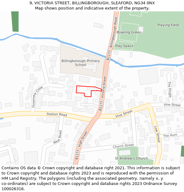 9, VICTORIA STREET, BILLINGBOROUGH, SLEAFORD, NG34 0NX: Location map and indicative extent of plot