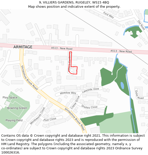 9, VILLIERS GARDENS, RUGELEY, WS15 4BQ: Location map and indicative extent of plot