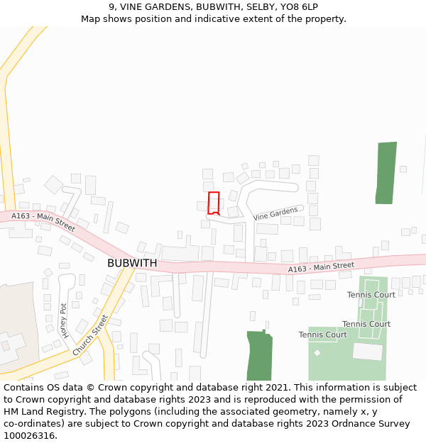 9, VINE GARDENS, BUBWITH, SELBY, YO8 6LP: Location map and indicative extent of plot