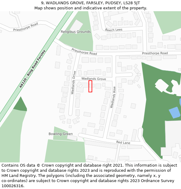 9, WADLANDS GROVE, FARSLEY, PUDSEY, LS28 5JT: Location map and indicative extent of plot