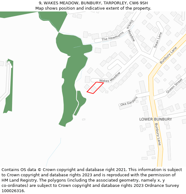 9, WAKES MEADOW, BUNBURY, TARPORLEY, CW6 9SH: Location map and indicative extent of plot