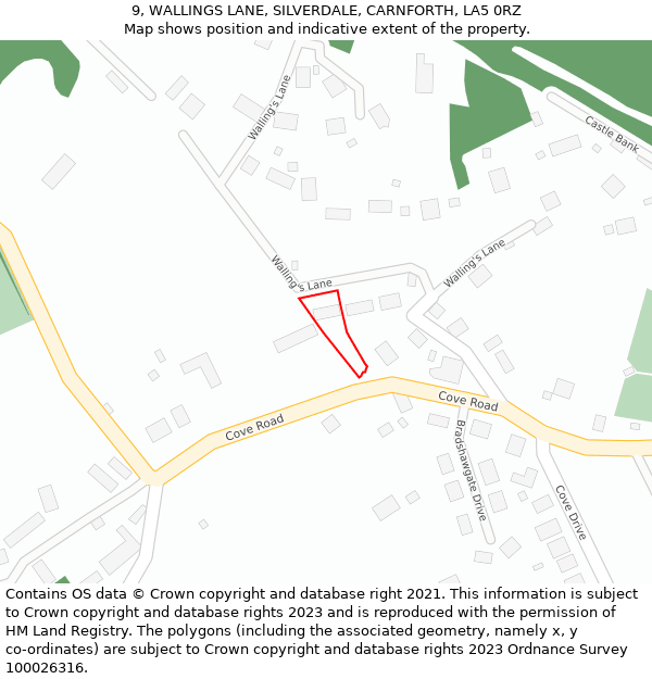 9, WALLINGS LANE, SILVERDALE, CARNFORTH, LA5 0RZ: Location map and indicative extent of plot