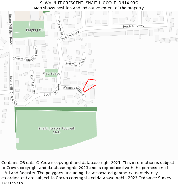 9, WALNUT CRESCENT, SNAITH, GOOLE, DN14 9RG: Location map and indicative extent of plot