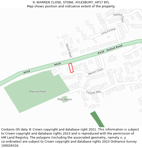 9, WARREN CLOSE, STONE, AYLESBURY, HP17 8YL: Location map and indicative extent of plot