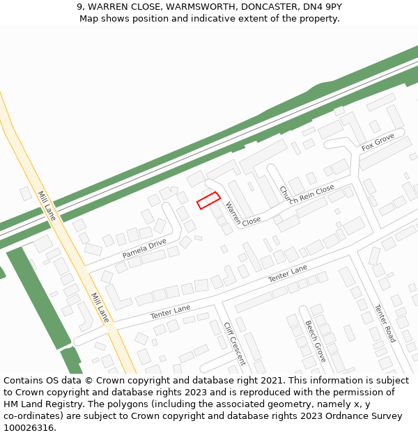 9, WARREN CLOSE, WARMSWORTH, DONCASTER, DN4 9PY: Location map and indicative extent of plot