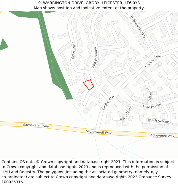 9, WARRINGTON DRIVE, GROBY, LEICESTER, LE6 0YS: Location map and indicative extent of plot