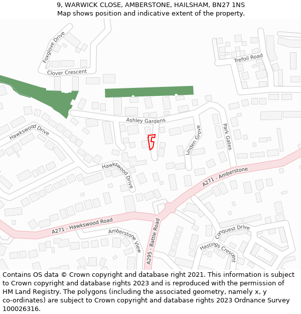 9, WARWICK CLOSE, AMBERSTONE, HAILSHAM, BN27 1NS: Location map and indicative extent of plot