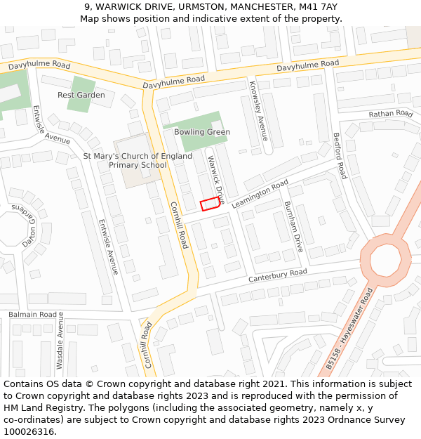 9, WARWICK DRIVE, URMSTON, MANCHESTER, M41 7AY: Location map and indicative extent of plot