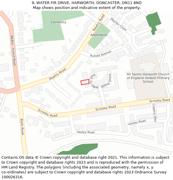 9, WATER FIR DRIVE, HARWORTH, DONCASTER, DN11 8ND: Location map and indicative extent of plot