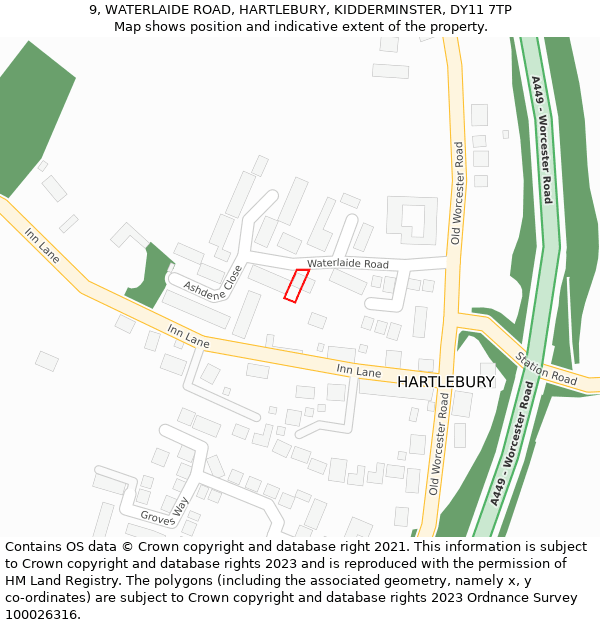 9, WATERLAIDE ROAD, HARTLEBURY, KIDDERMINSTER, DY11 7TP: Location map and indicative extent of plot