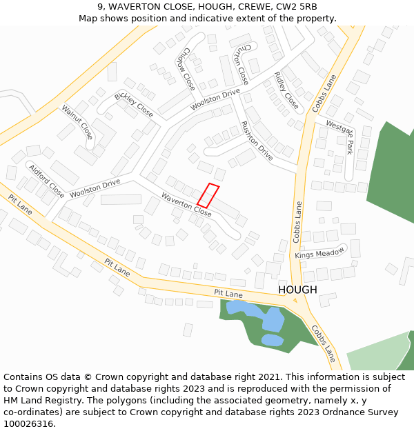 9, WAVERTON CLOSE, HOUGH, CREWE, CW2 5RB: Location map and indicative extent of plot