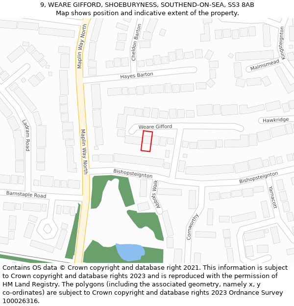 9, WEARE GIFFORD, SHOEBURYNESS, SOUTHEND-ON-SEA, SS3 8AB: Location map and indicative extent of plot