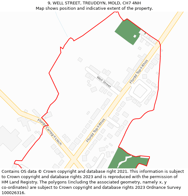 9, WELL STREET, TREUDDYN, MOLD, CH7 4NH: Location map and indicative extent of plot