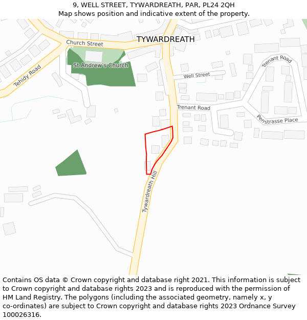 9, WELL STREET, TYWARDREATH, PAR, PL24 2QH: Location map and indicative extent of plot