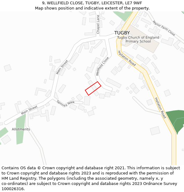 9, WELLFIELD CLOSE, TUGBY, LEICESTER, LE7 9WF: Location map and indicative extent of plot