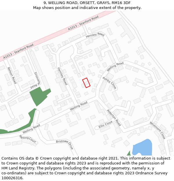 9, WELLING ROAD, ORSETT, GRAYS, RM16 3DF: Location map and indicative extent of plot