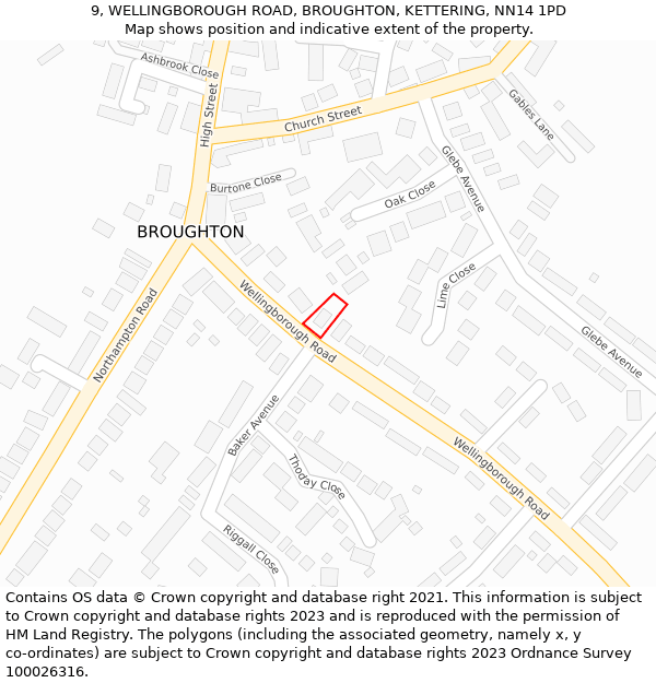 9, WELLINGBOROUGH ROAD, BROUGHTON, KETTERING, NN14 1PD: Location map and indicative extent of plot