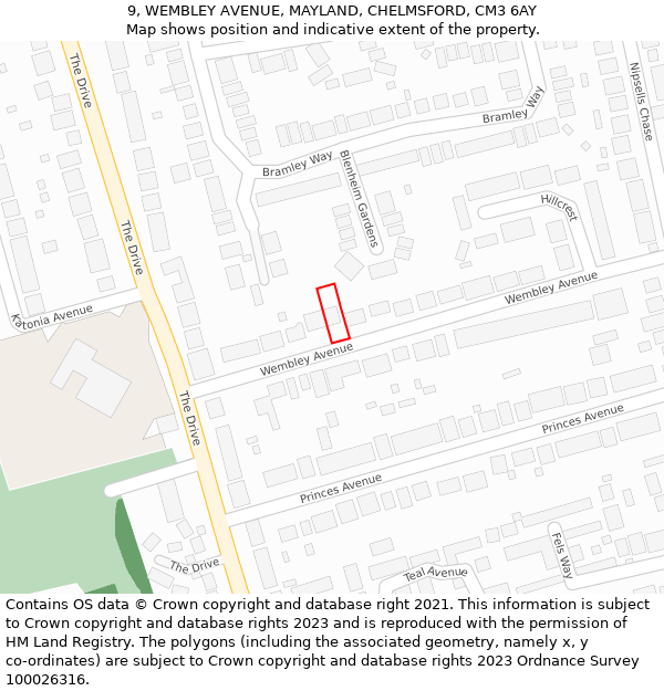 9, WEMBLEY AVENUE, MAYLAND, CHELMSFORD, CM3 6AY: Location map and indicative extent of plot