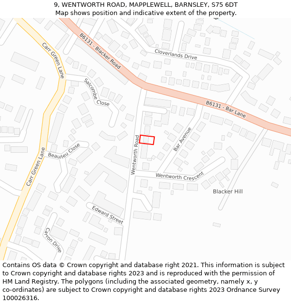 9, WENTWORTH ROAD, MAPPLEWELL, BARNSLEY, S75 6DT: Location map and indicative extent of plot