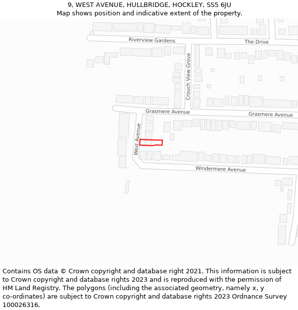 9, WEST AVENUE, HULLBRIDGE, HOCKLEY, SS5 6JU: Location map and indicative extent of plot