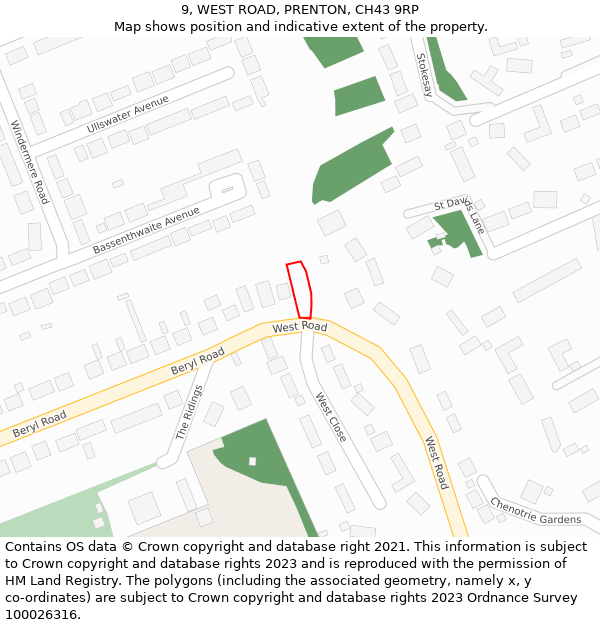 9, WEST ROAD, PRENTON, CH43 9RP: Location map and indicative extent of plot