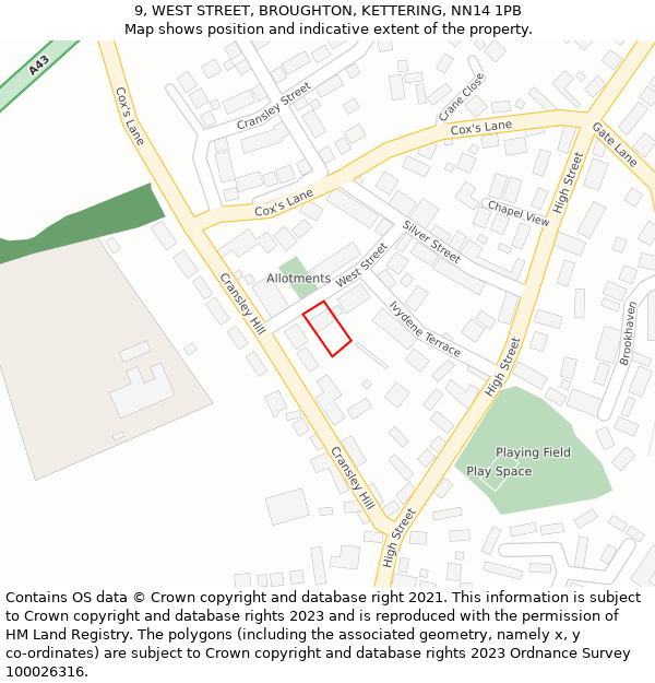9, WEST STREET, BROUGHTON, KETTERING, NN14 1PB: Location map and indicative extent of plot