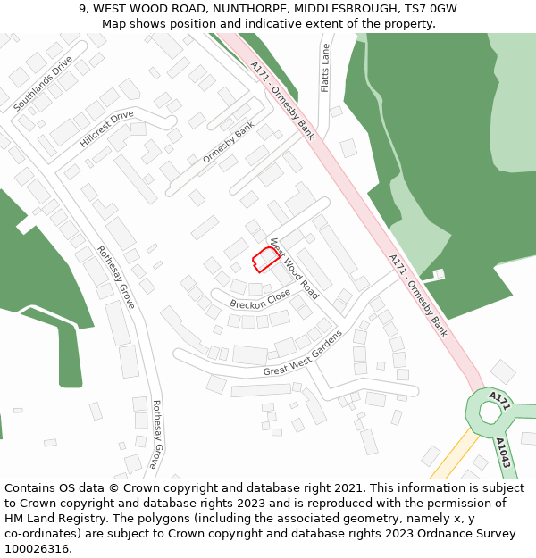 9, WEST WOOD ROAD, NUNTHORPE, MIDDLESBROUGH, TS7 0GW: Location map and indicative extent of plot