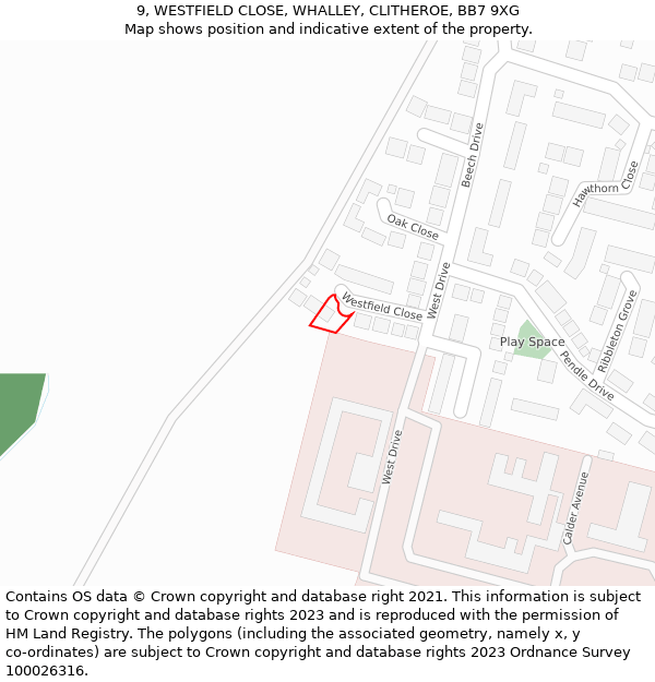 9, WESTFIELD CLOSE, WHALLEY, CLITHEROE, BB7 9XG: Location map and indicative extent of plot