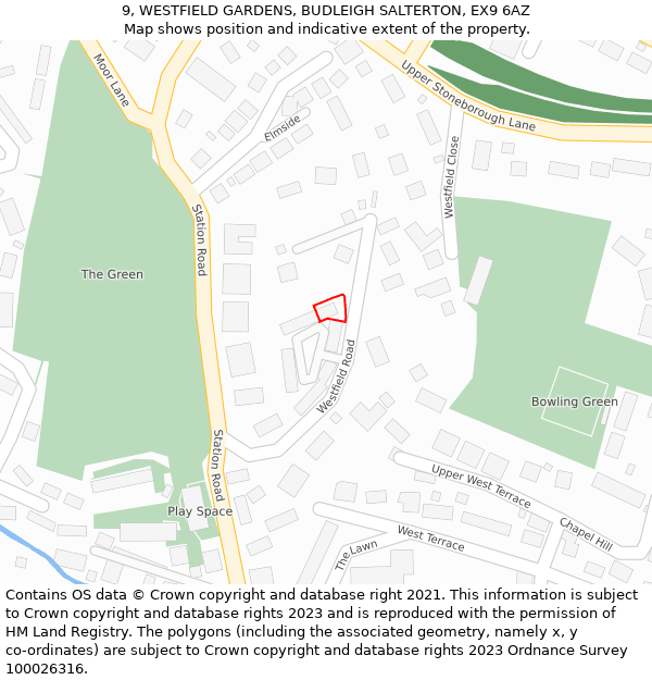 9, WESTFIELD GARDENS, BUDLEIGH SALTERTON, EX9 6AZ: Location map and indicative extent of plot