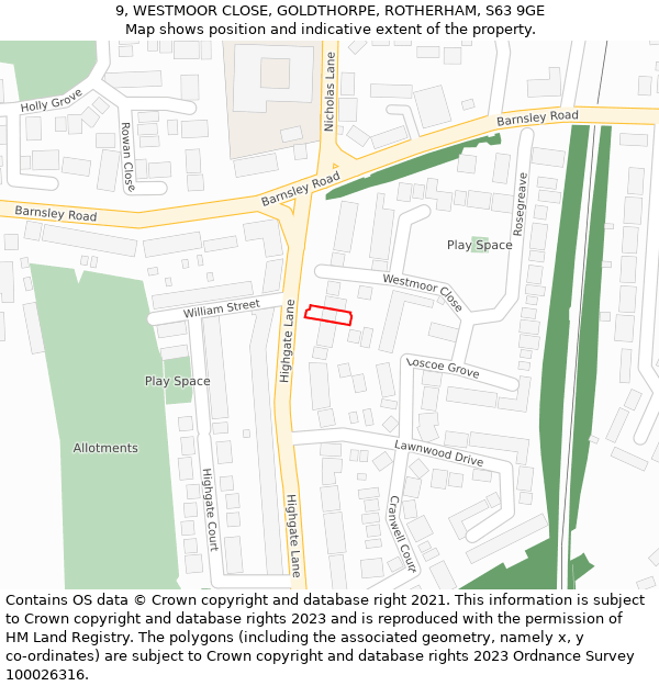 9, WESTMOOR CLOSE, GOLDTHORPE, ROTHERHAM, S63 9GE: Location map and indicative extent of plot