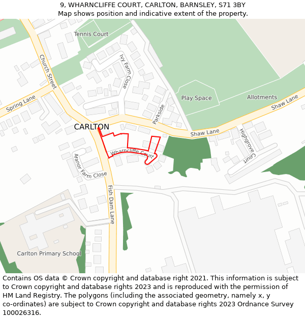 9, WHARNCLIFFE COURT, CARLTON, BARNSLEY, S71 3BY: Location map and indicative extent of plot