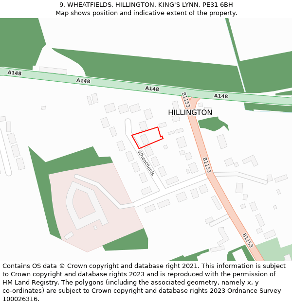 9, WHEATFIELDS, HILLINGTON, KING'S LYNN, PE31 6BH: Location map and indicative extent of plot