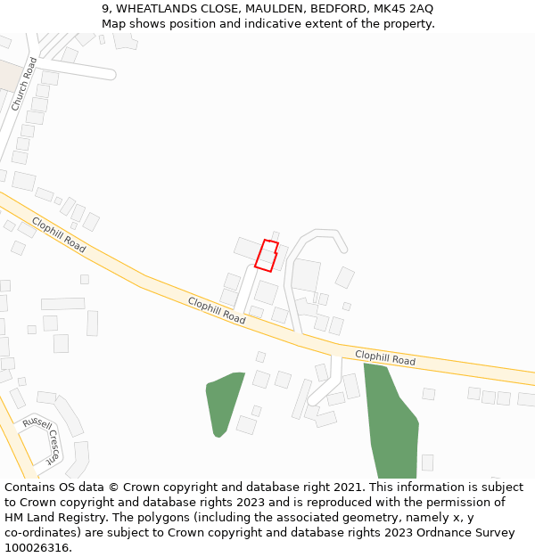 9, WHEATLANDS CLOSE, MAULDEN, BEDFORD, MK45 2AQ: Location map and indicative extent of plot