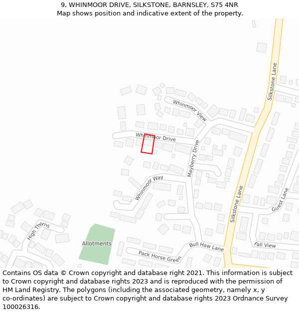 9, WHINMOOR DRIVE, SILKSTONE, BARNSLEY, S75 4NR: Location map and indicative extent of plot